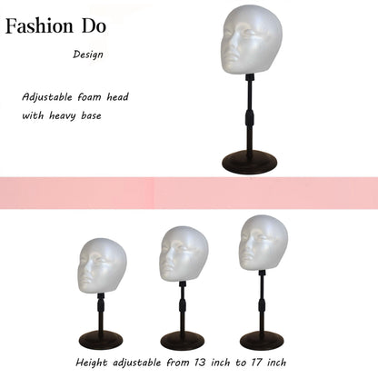 Two pack foam wig holder showing height adjustment from thirteen to seventeen inches