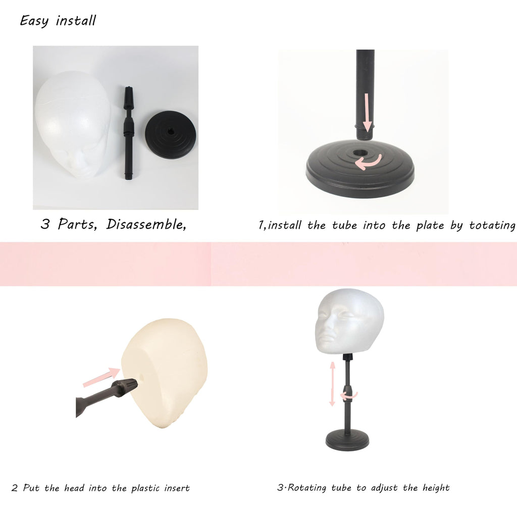 Disassembled three part portable wig mannequin head stand showing easy installation features