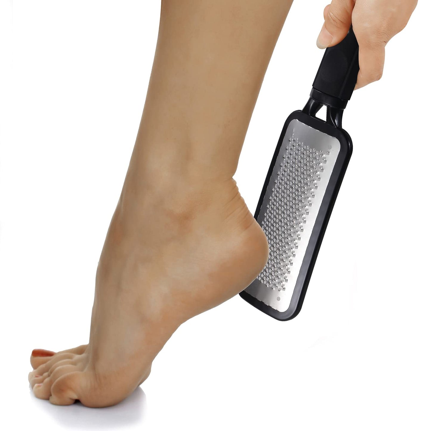 Demonstration of the large colossal foot file removing rough cracked heel skin safely