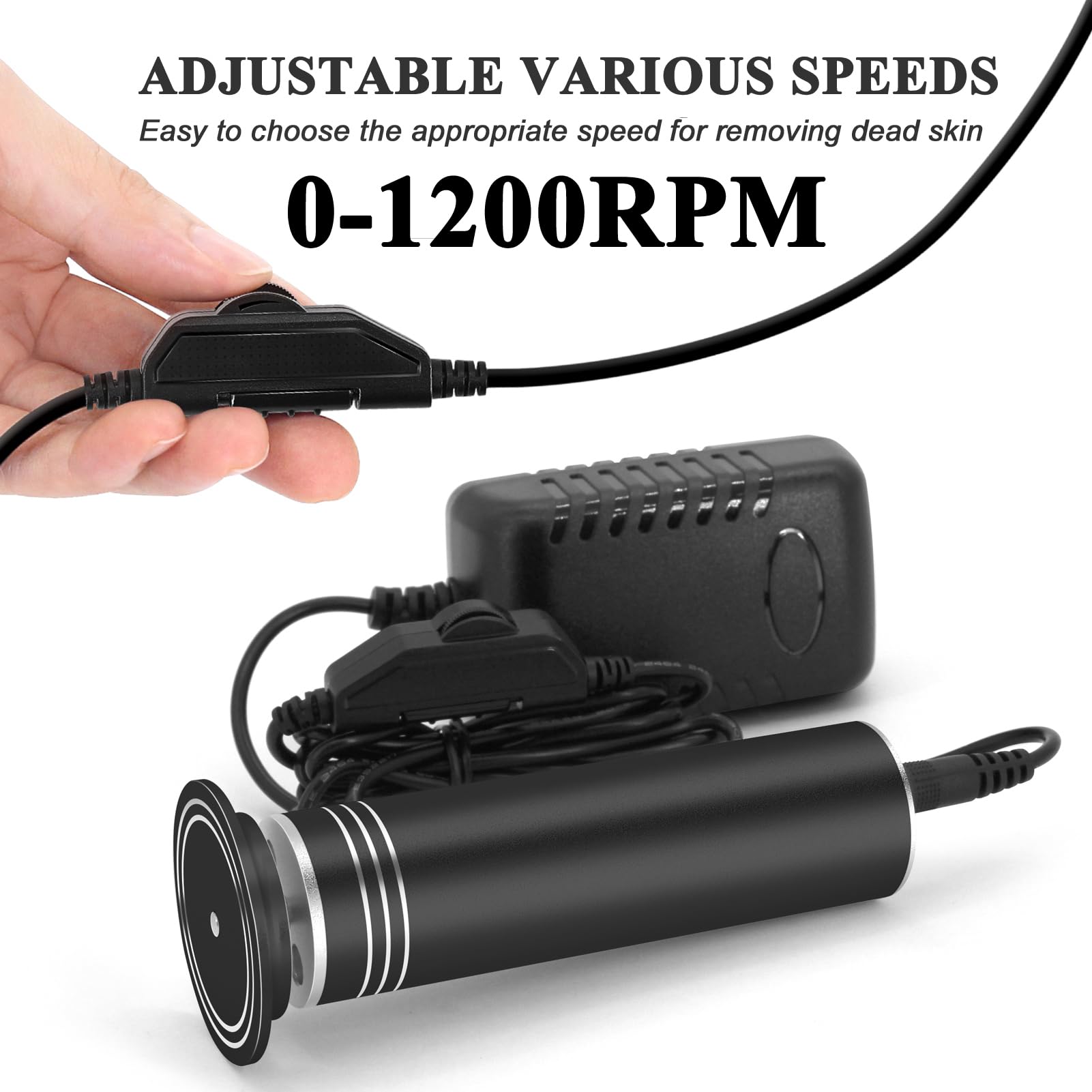 Electric foot file showing adjustable speed settings