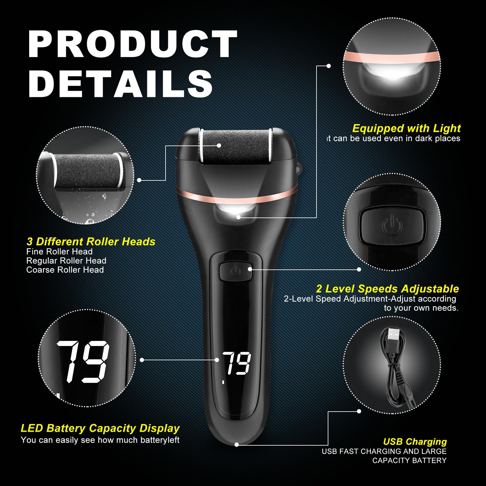 Close up of interchangeable roller heads for foot care