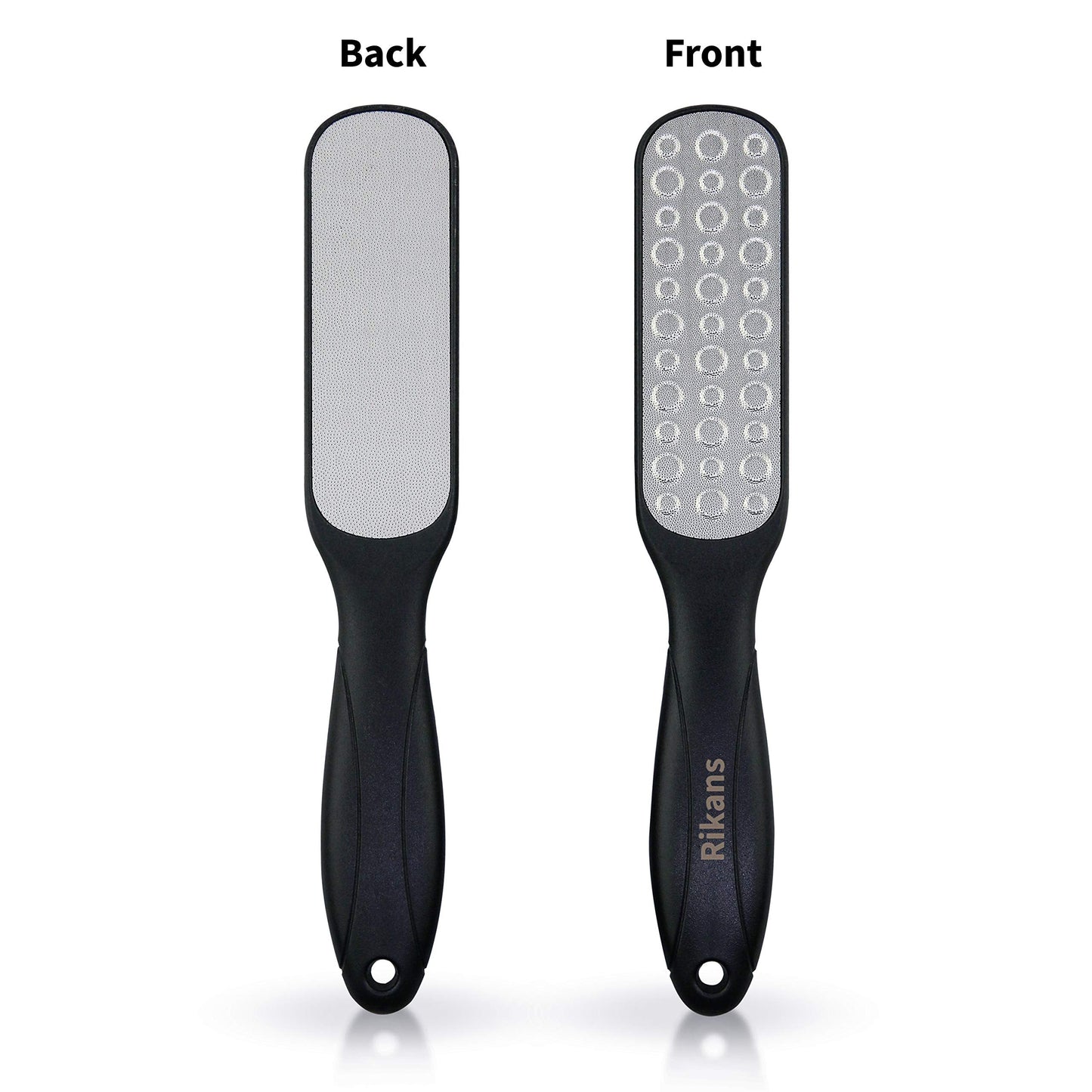 Rikans pedicure tool set displaying the main foot rasp, smaller companion file, and black drawstring pouch.