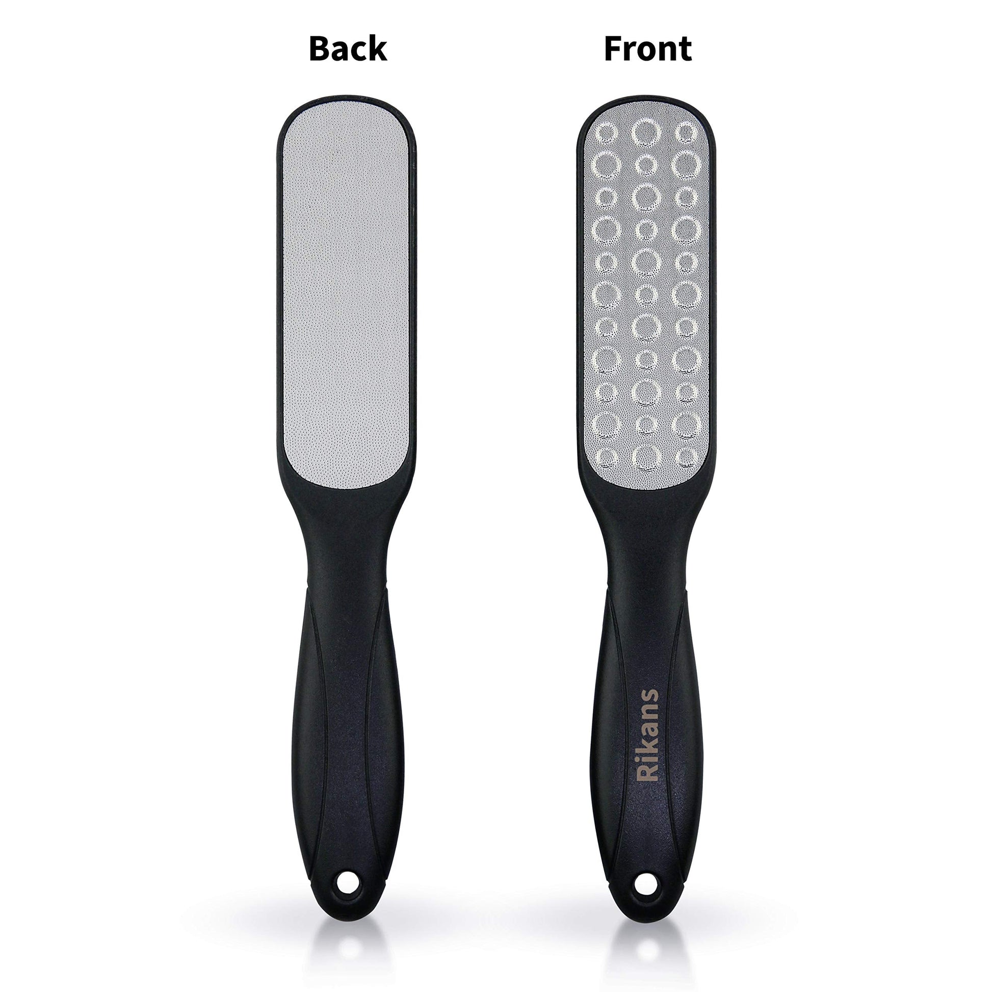 Rikans pedicure tool set displaying the main foot rasp, smaller companion file, and black drawstring pouch.
