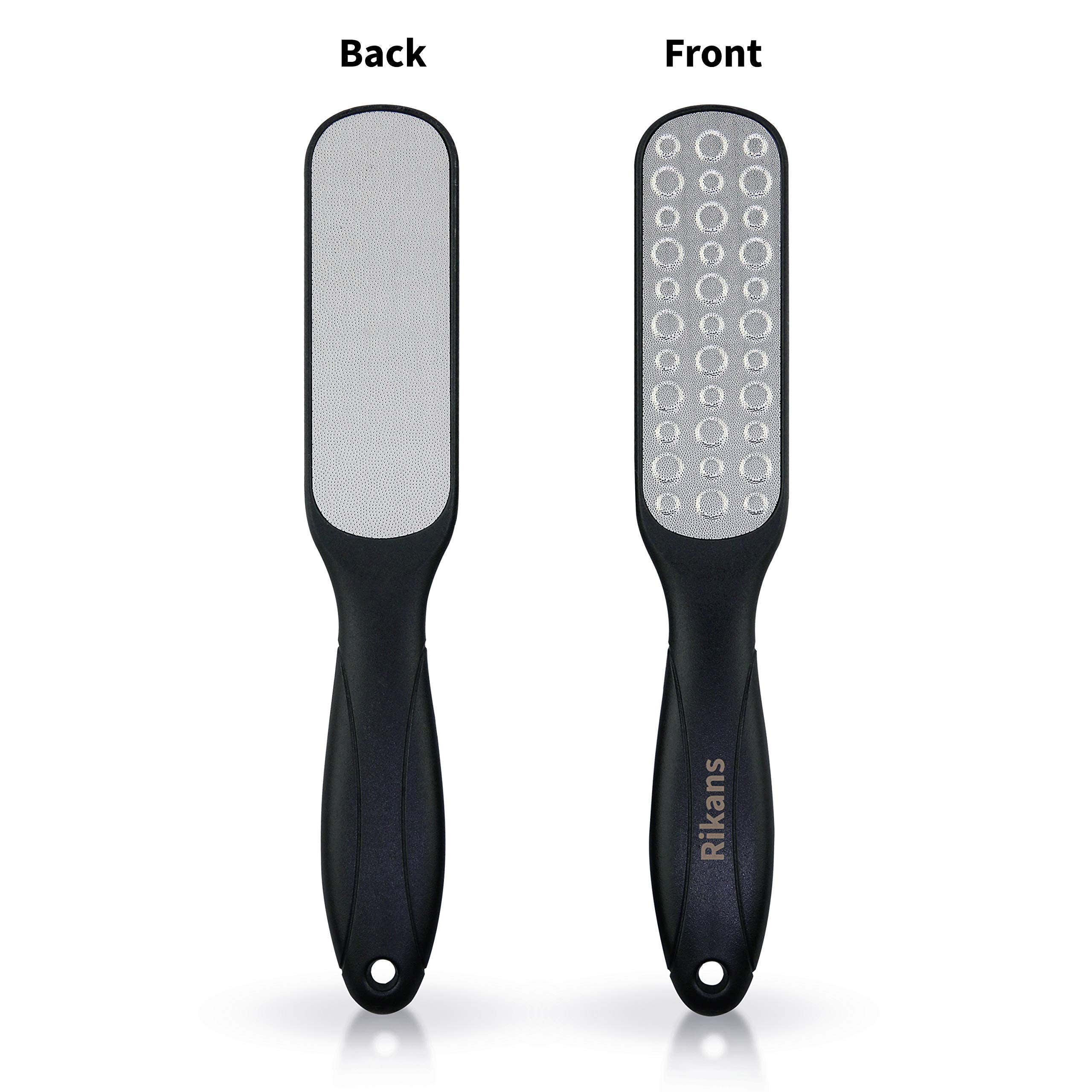 Rikans pedicure tool set displaying the main foot rasp, smaller companion file, and black drawstring pouch.