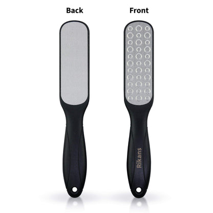 Rikans pedicure tool set displaying the main foot rasp, smaller companion file, and black drawstring pouch.