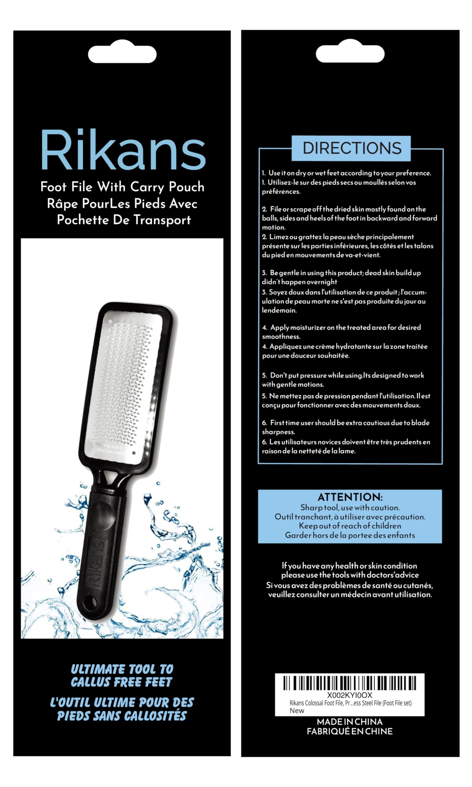 Close up view of the surgical grade stainless steel blade texture on the Rikans foot file.