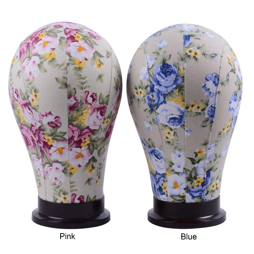 Side angle of 23 inch floral canvas mannequin head highlighting the durable knitted outer fabric