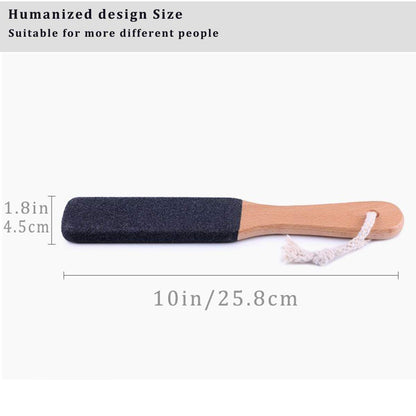 Kinepi foot scraper hanging by its rope loop in a bathroom setting illustrating easy drying and storage.