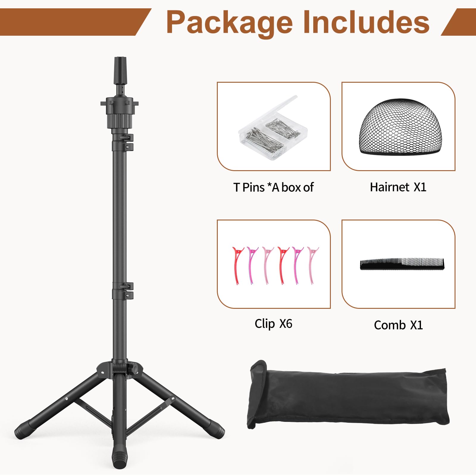 Wig stand tripod components including T-pins and carrying bag