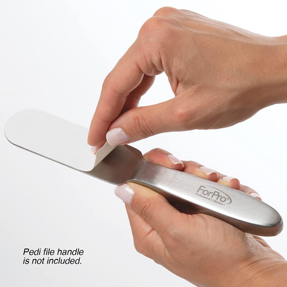 ForPro 180 grit pedicure refill pad applied smoothly onto a professional stainless steel foot file handle.