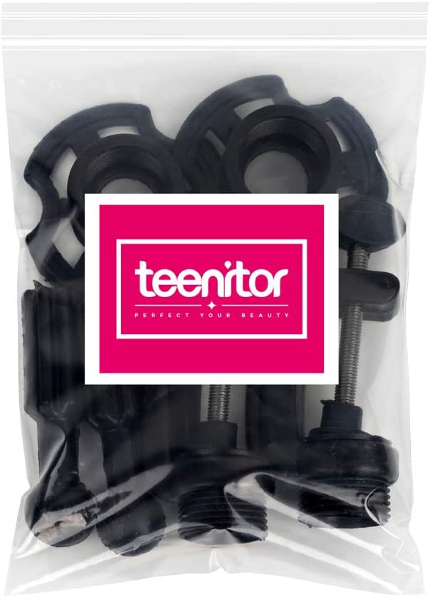 Dual pack of Teenitor black table clamp wig holders showcasing compatibility with canvas and foam mannequin heads.