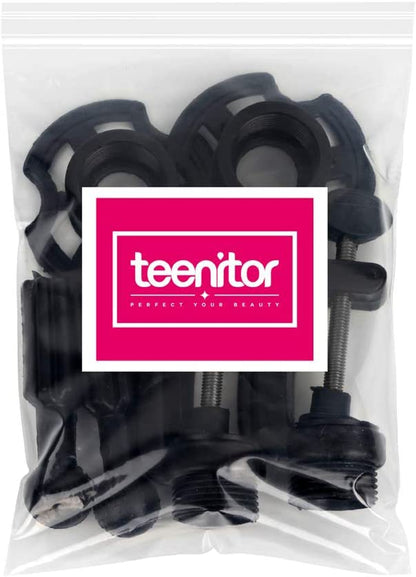 Dual pack of Teenitor black table clamp wig holders showcasing compatibility with canvas and foam mannequin heads.
