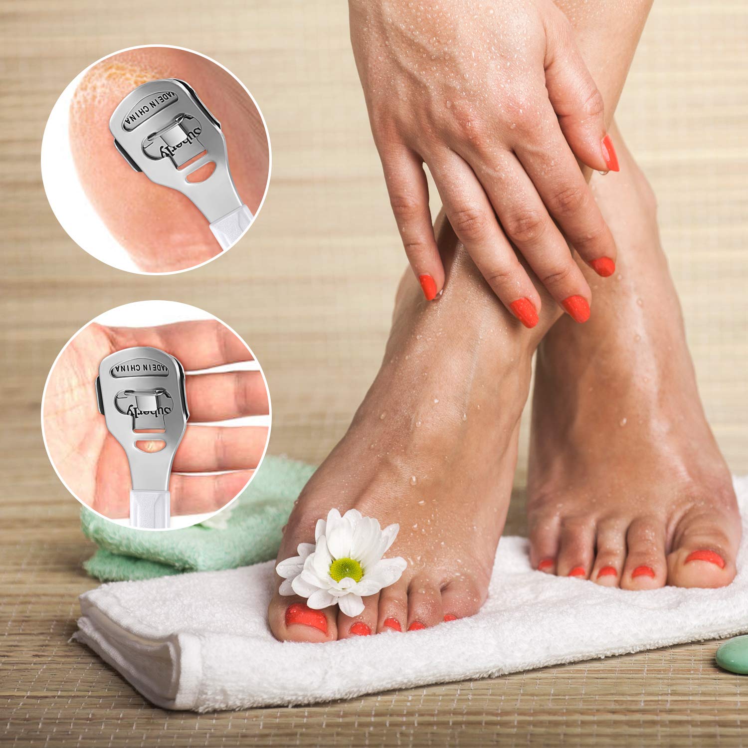 Zhehao hard skin remover kit arranged neatly to show the shaver handle, rasp, and bulk blades bundle