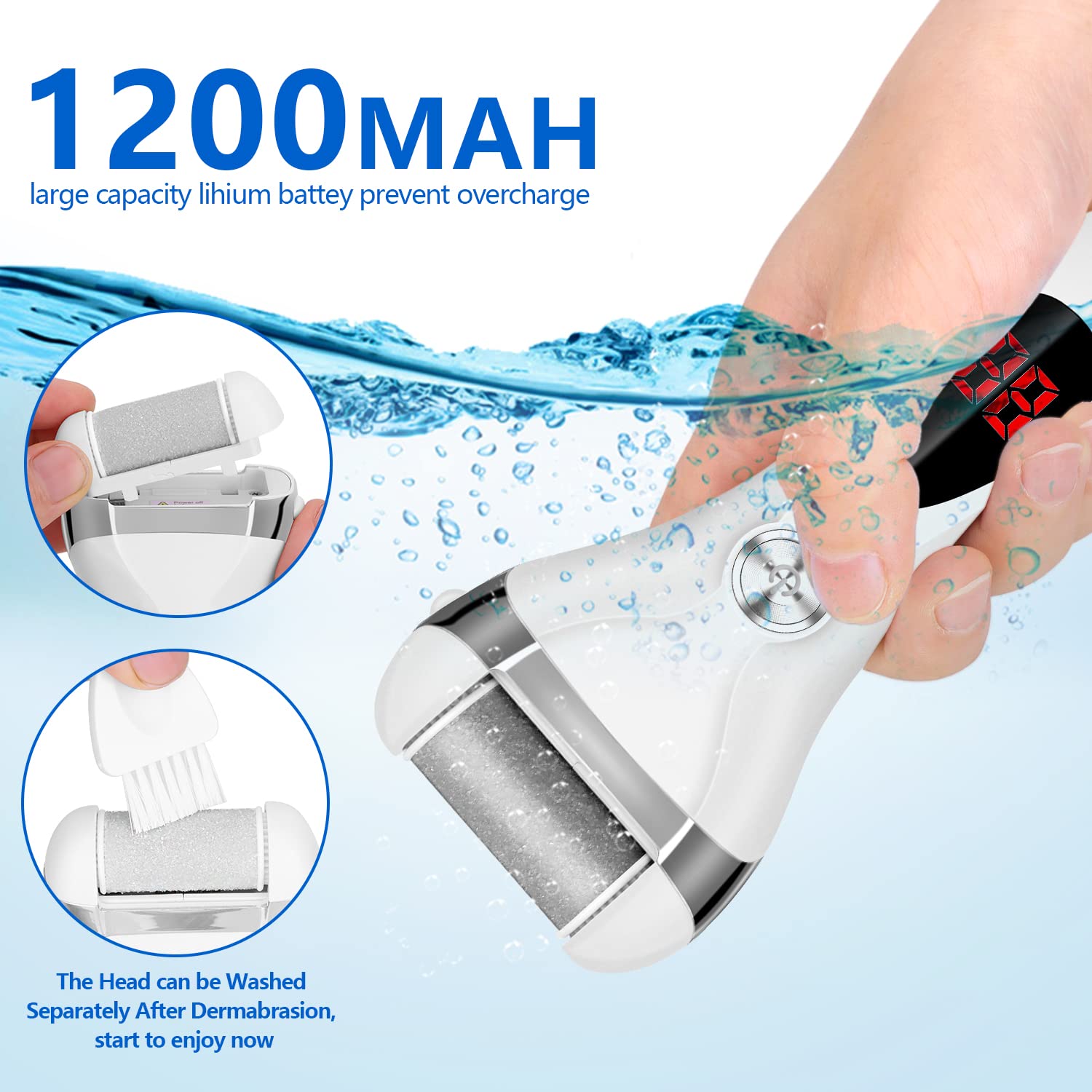 ELMCHEE rechargeable electronic foot file being rinsed directly under a running water faucet to demonstrate its waterproof capability.