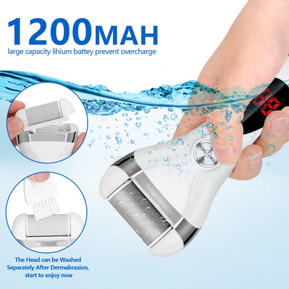 ELMCHEE rechargeable electronic foot file being rinsed directly under a running water faucet to demonstrate its waterproof capability.