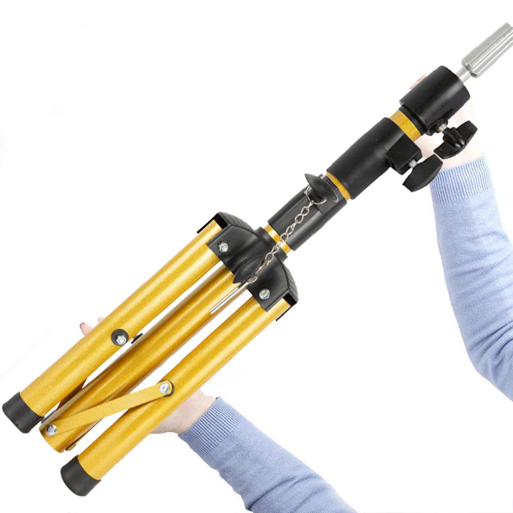 Premium golden AliLeader wig tripod showing universal mounting pin for canvas blocks