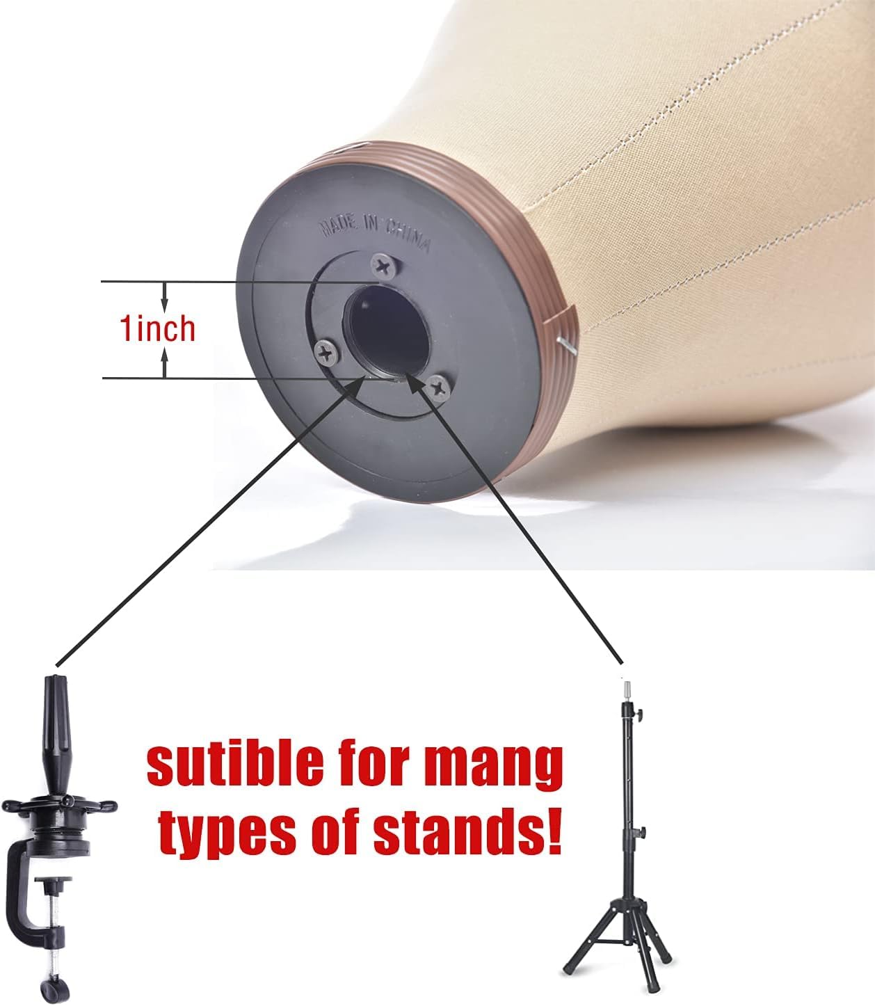 Monicass canvas block head base mount detail showing universal pedestal stand hole