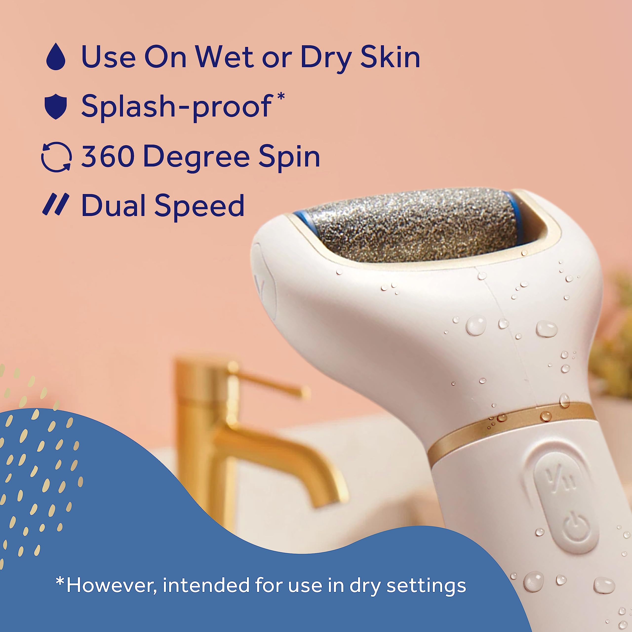 The premium white and gold Amope pedicure device displaying the integrated safety stop mechanism layout.
