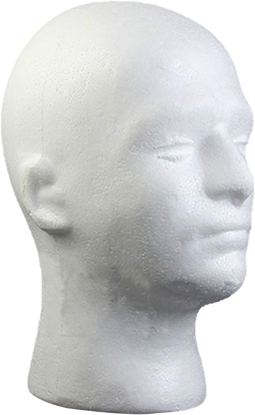 Side profile of white foam male manikin head for hat storage