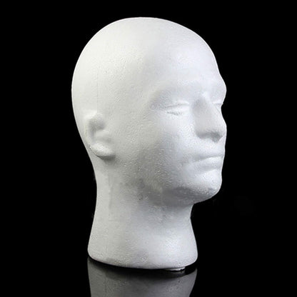 Educational display of male foam head with scarf and wig