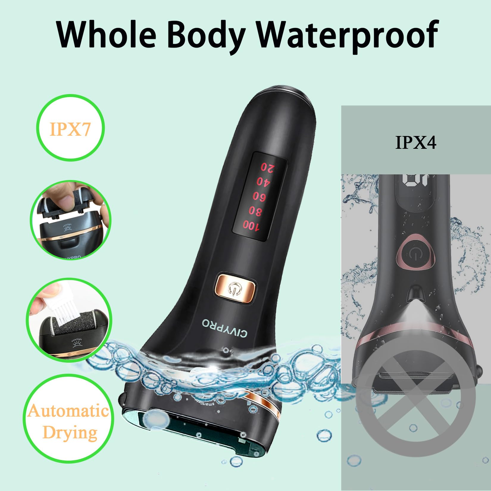 Black waterproof electric foot file in hand for scale