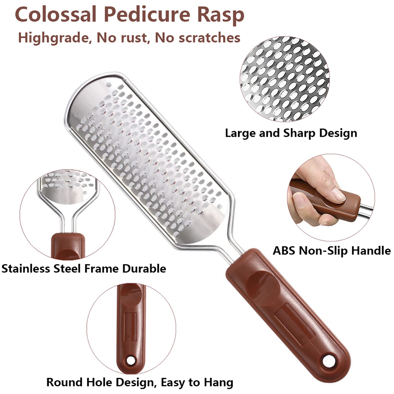 Close up view of the stainless steel wavy pattern surface on the professional foot grater tool.