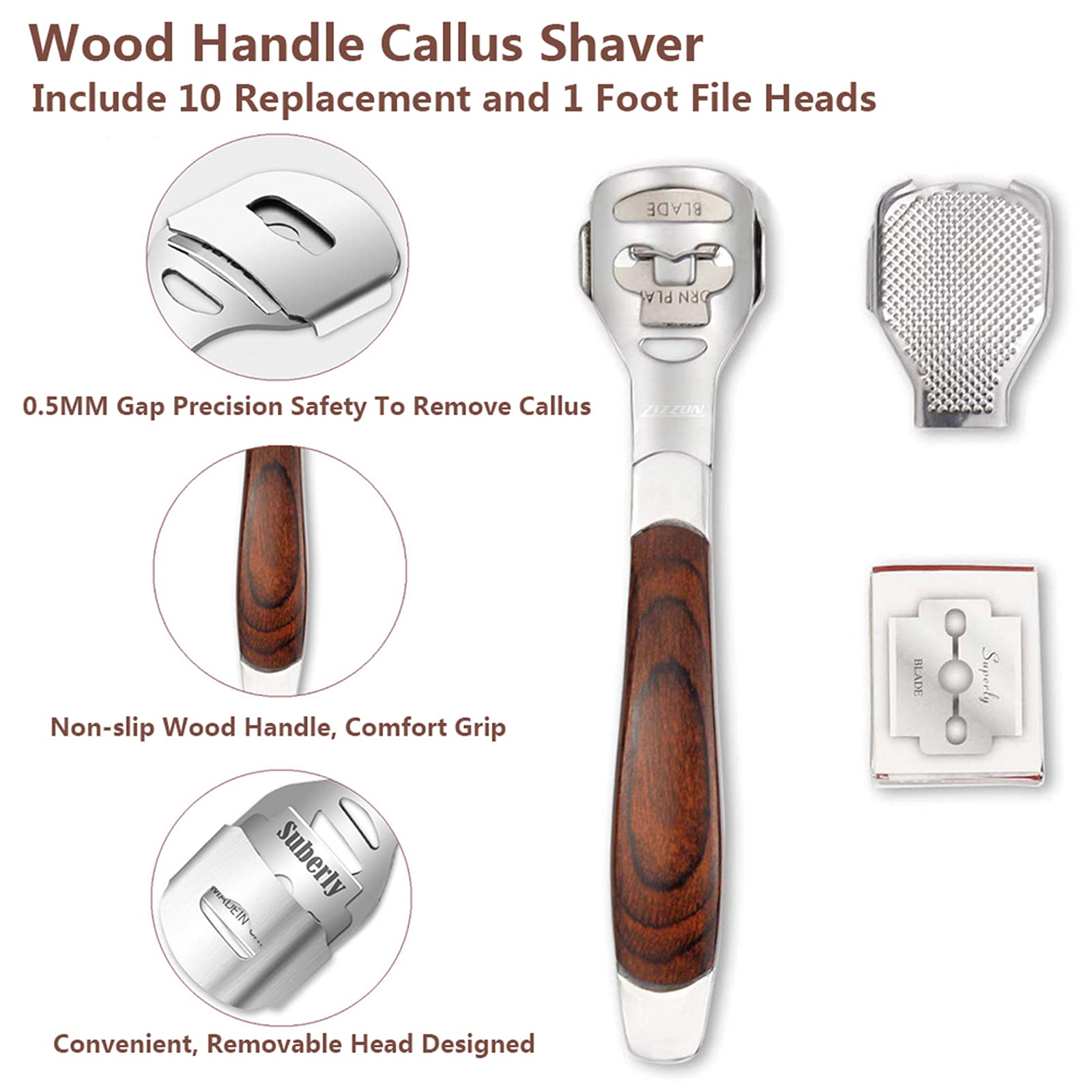 Premium wooden handle callus shaver showing the precise safety blade alignment and gap details.