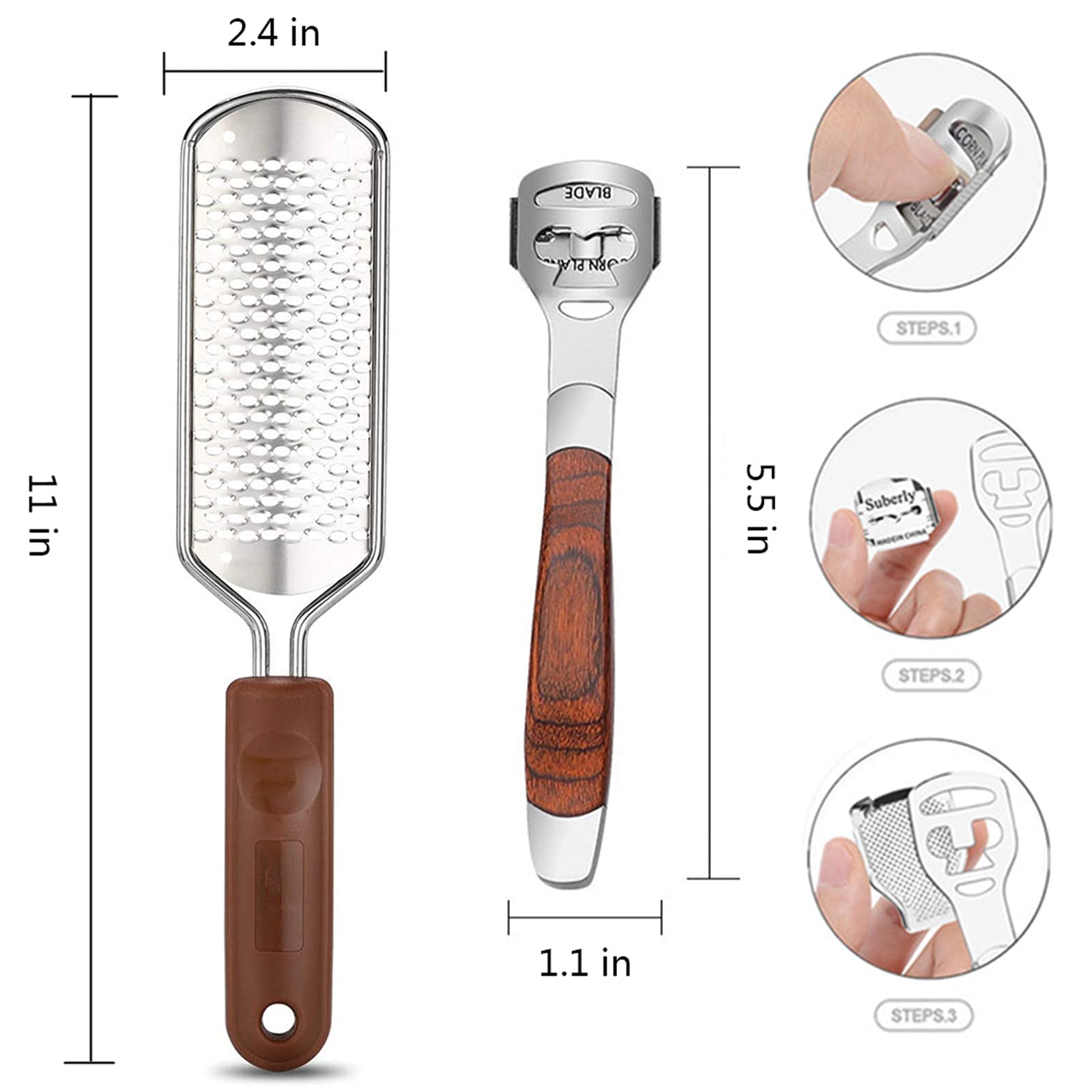 The complete ten piece replacement head pack arranged alongside the manual pedicure scraper set.