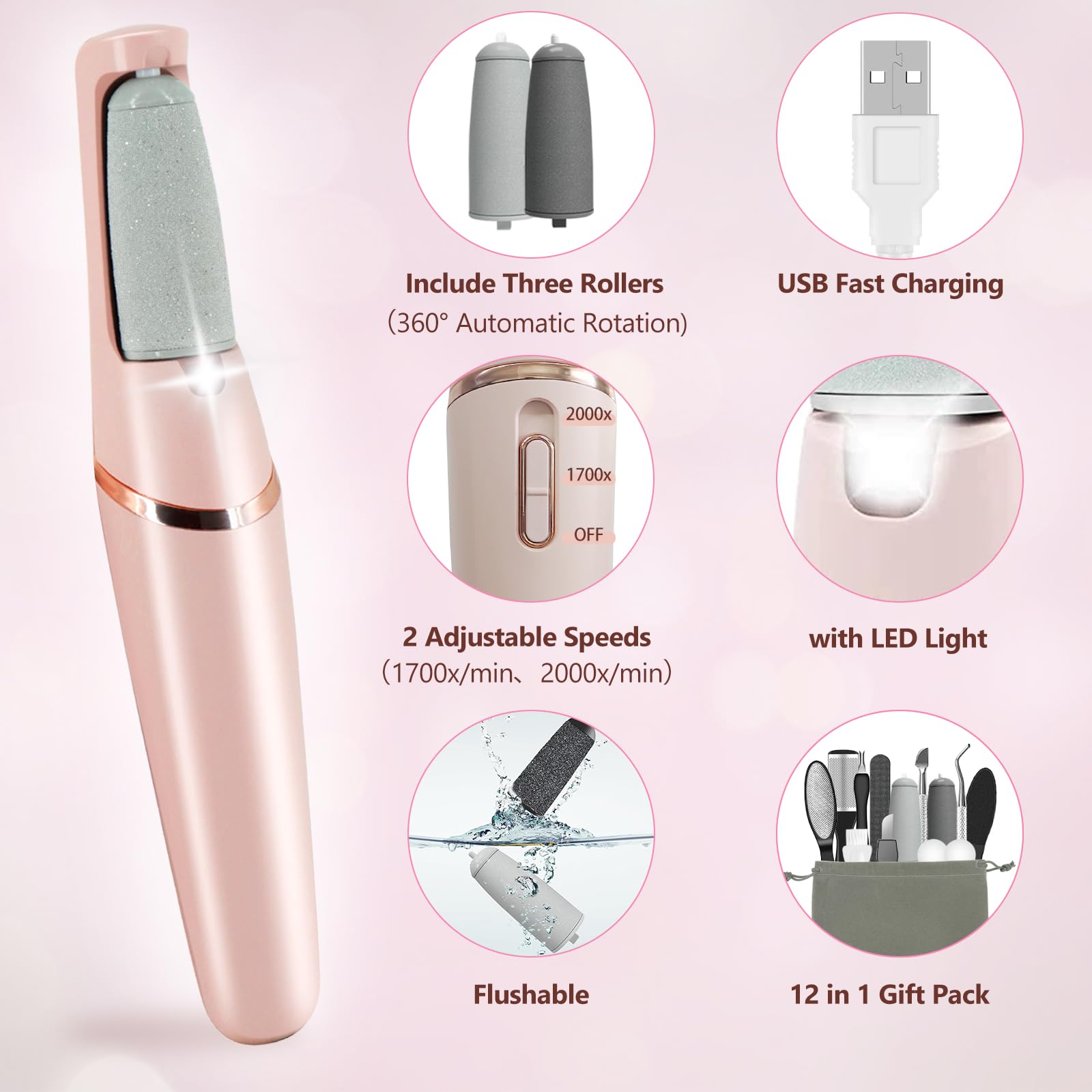 Haootadiy electric foot file showing interchangeable roller heads