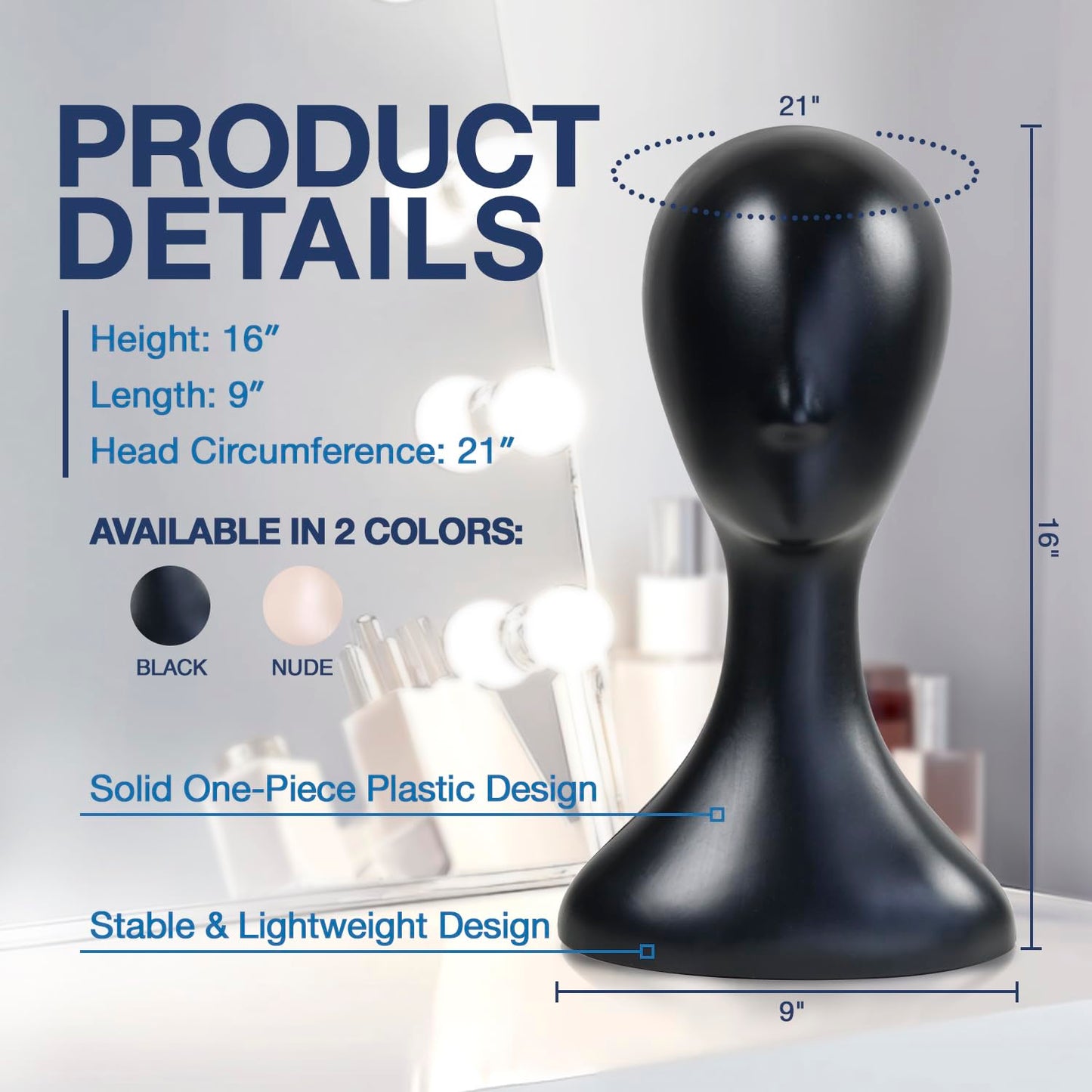 Black plastic model dummy head with integrated tripod jack for hat display