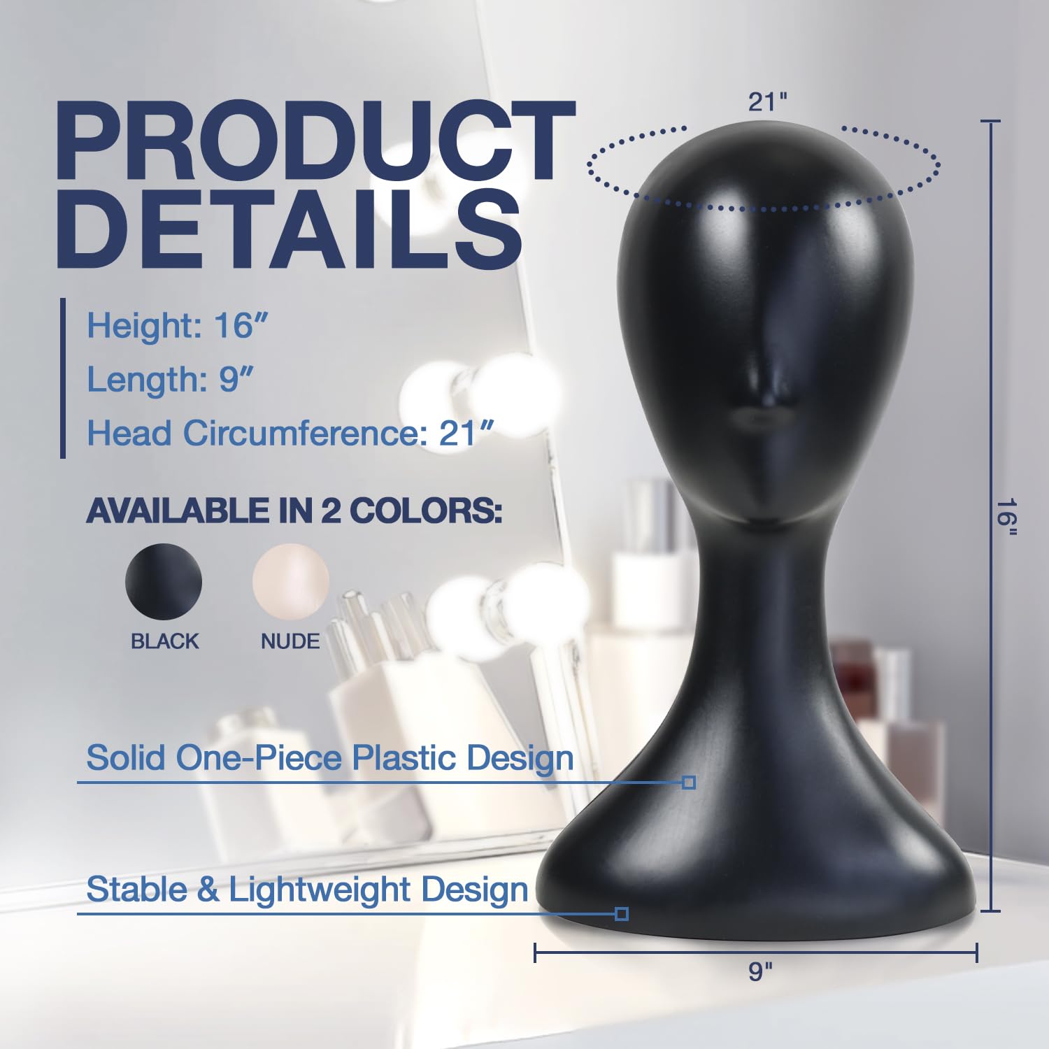 Black plastic model dummy head with integrated tripod jack for hat display