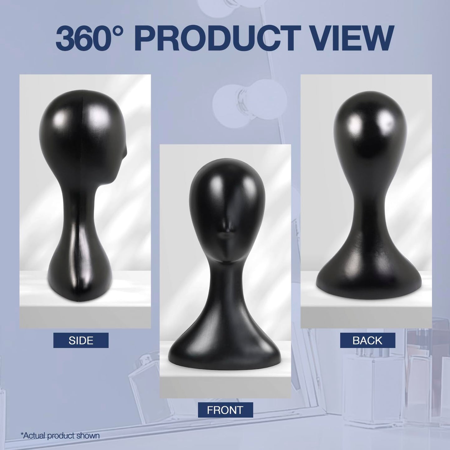 Professional grade plastic wig stand showing clean neckline for necklace display