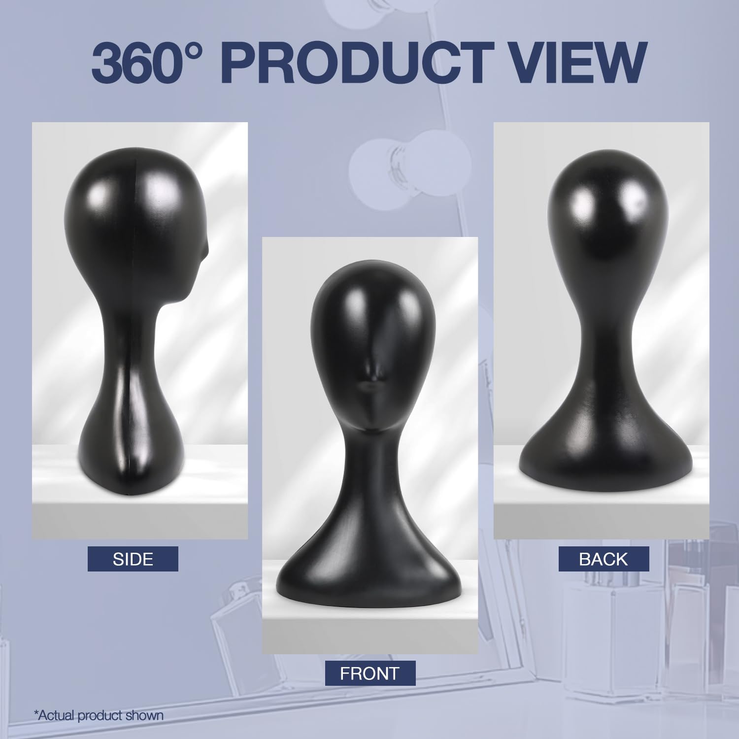 Professional grade plastic wig stand showing clean neckline for necklace display