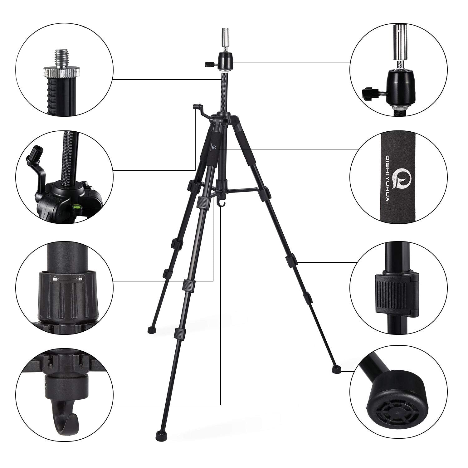 Heavy duty mannequin head stand with 360 degree rotation metal ball mount close up view
