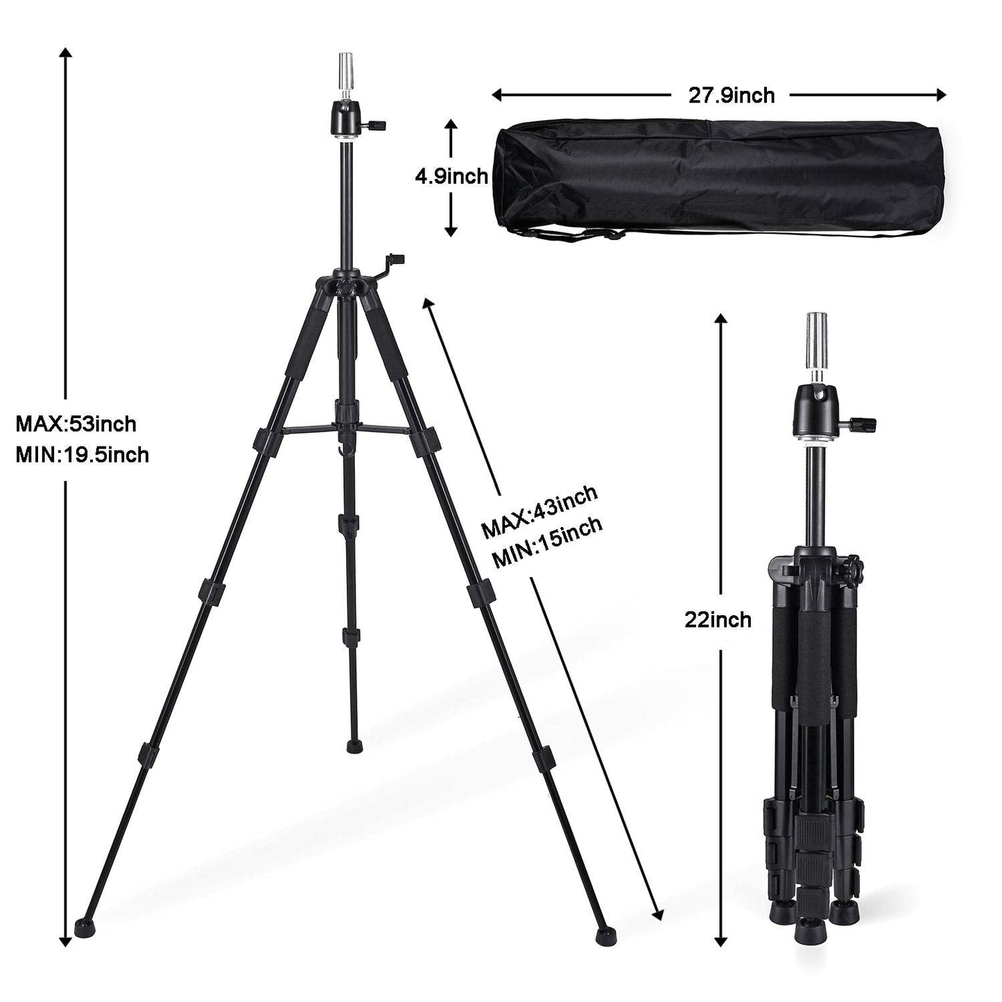 Adjustable wig tripod stand showing snap lock mechanisms extended to fifty five inches