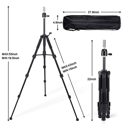 Adjustable wig tripod stand showing snap lock mechanisms extended to fifty five inches