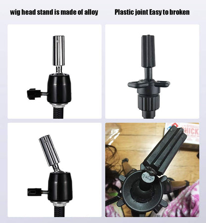 Cosmetology manikin tripod stand featuring the stable counterweight hook at the bottom center
