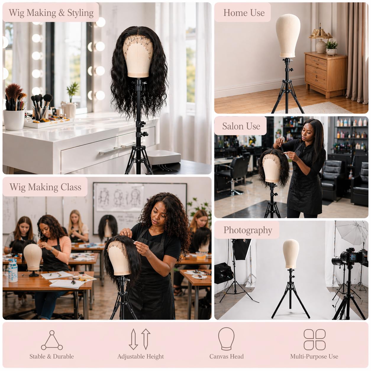 Professional styling session using canvas wig head and stand