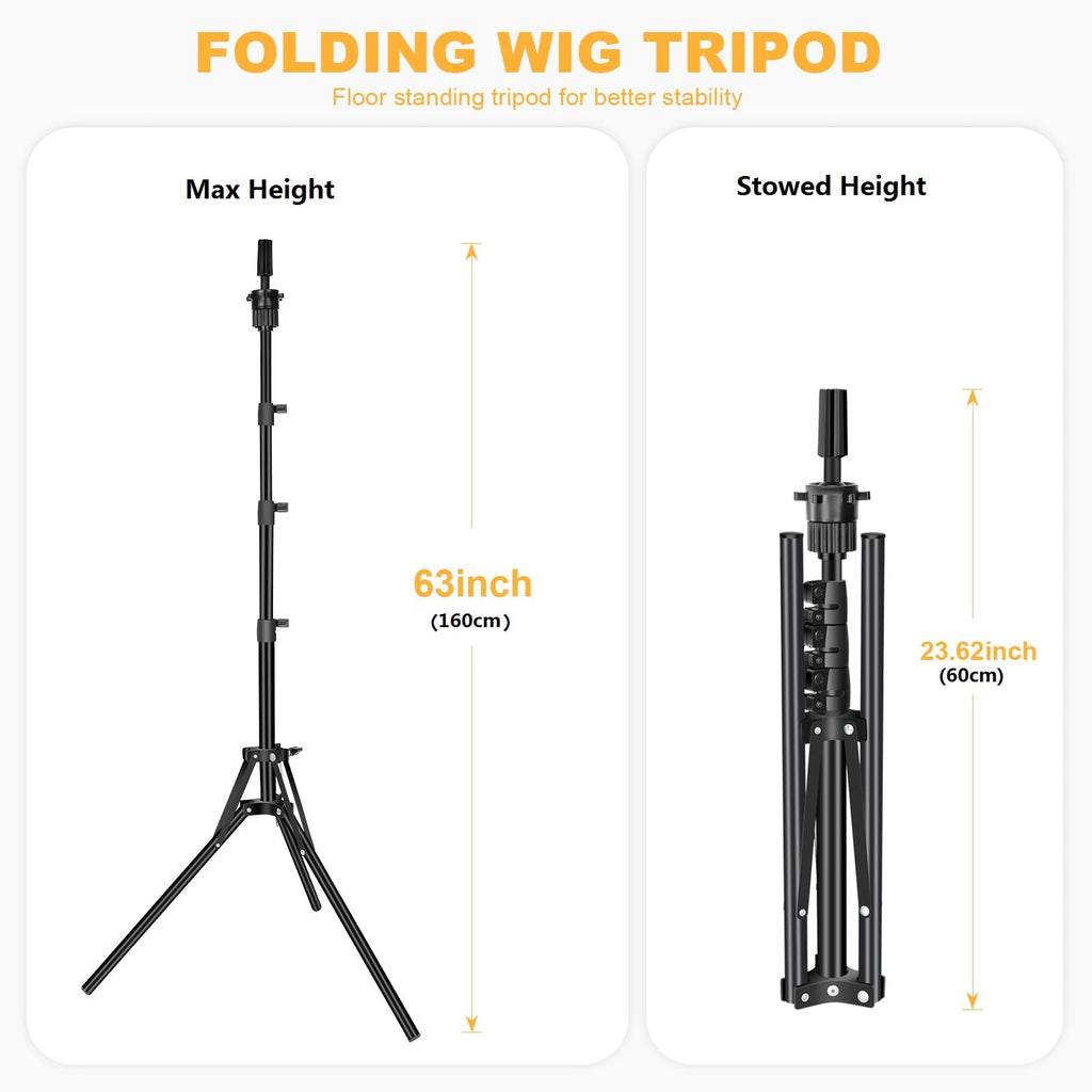 Retractable floor tripod stand for wig making shown at maximum extended height