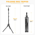 Retractable floor tripod stand for wig making shown at maximum extended height