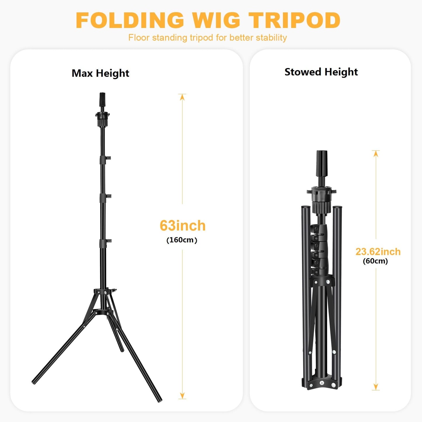 Retractable floor tripod stand for wig making shown at maximum extended height