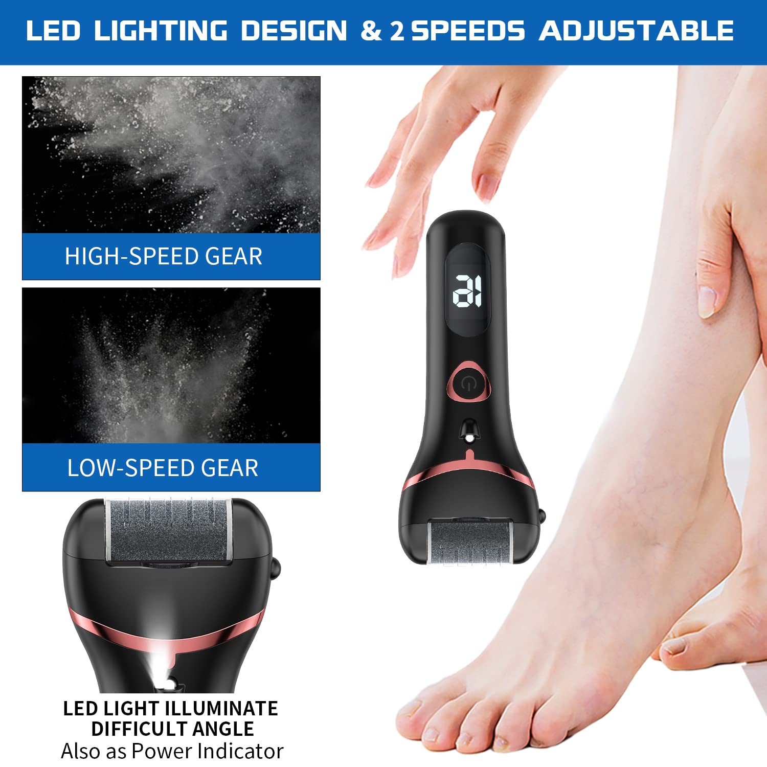 Geopu Electric Foot Callus Remover digital display and speed settings