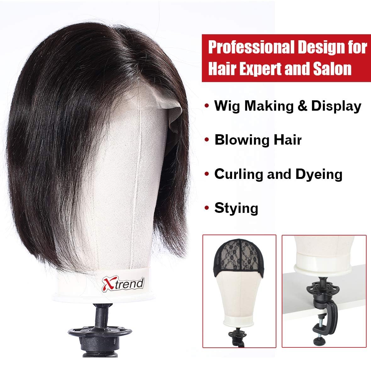 Xtrend hair extension display mannequin head setup on a desk attachment
