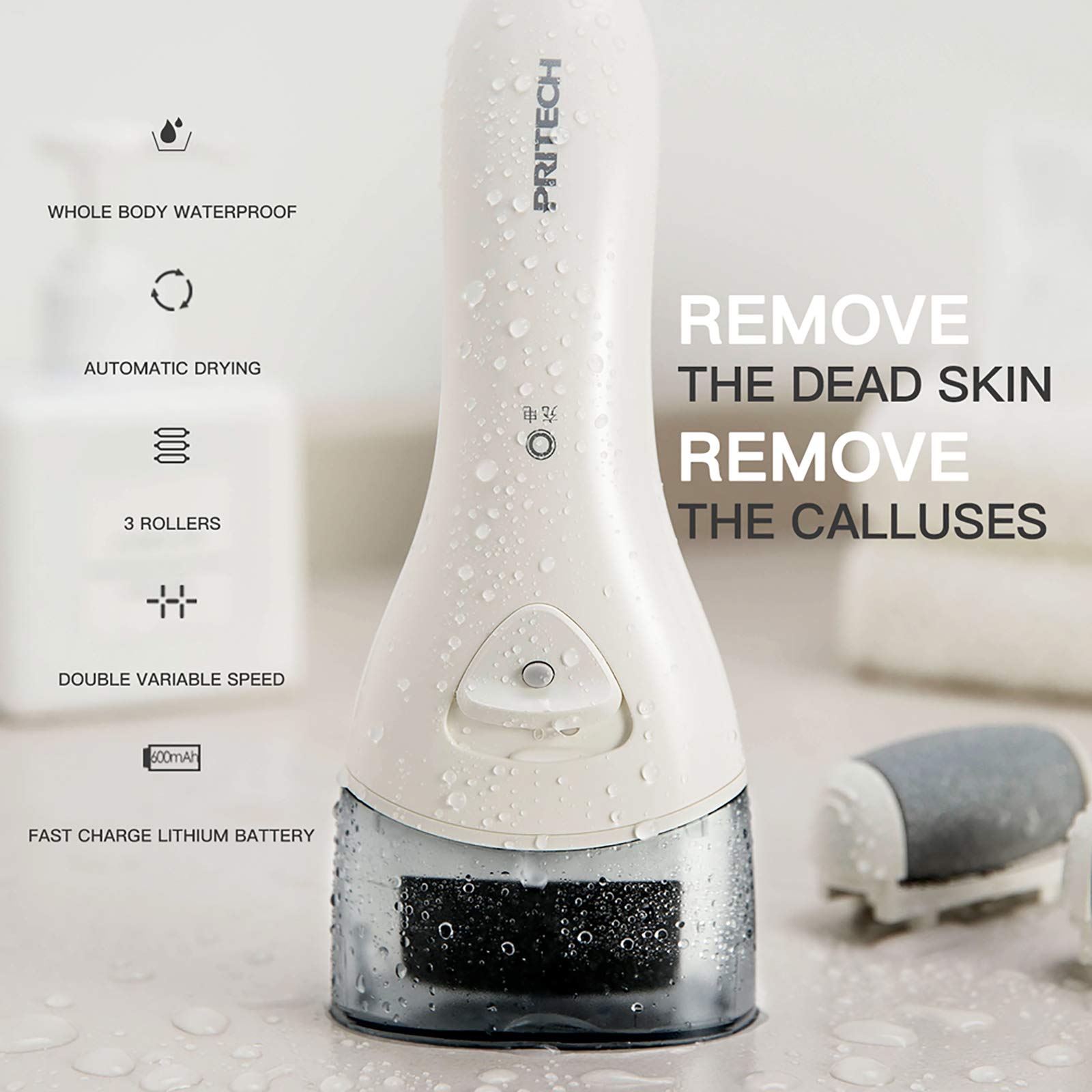 Rechargeable callus remover with built-in LED light illuminating the roller
