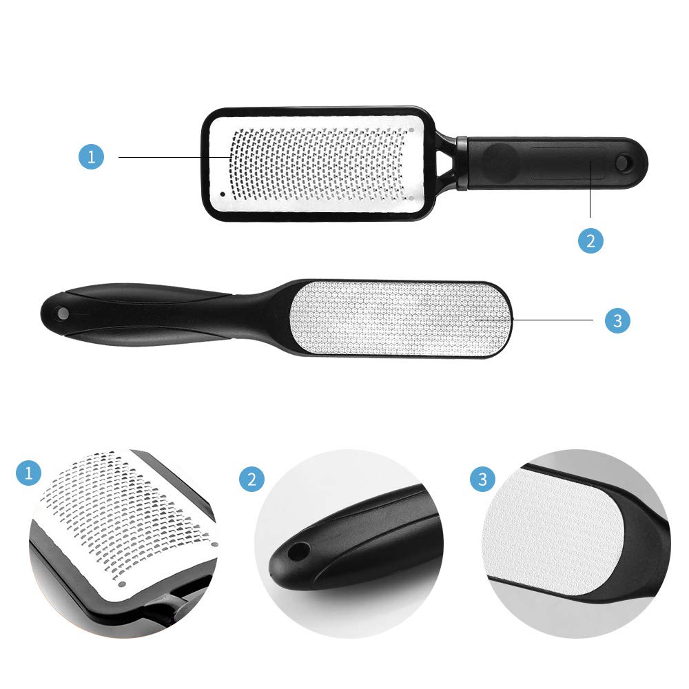 Fu Store professional foot scrubber tool set displaying the coarse metal grater surface for dead skin exfoliation