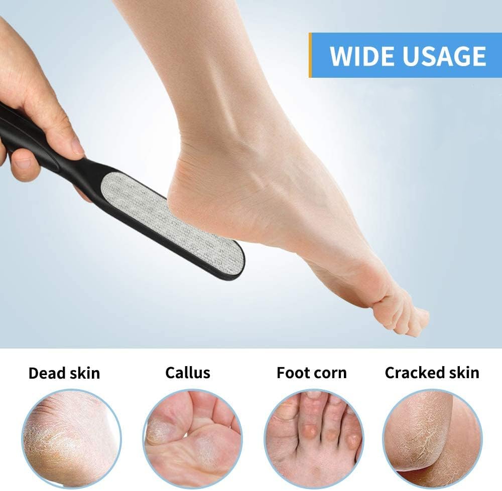 Close up of the dual sided foot file showing the bumpy texturing and the flat smoothing side for home pedicures