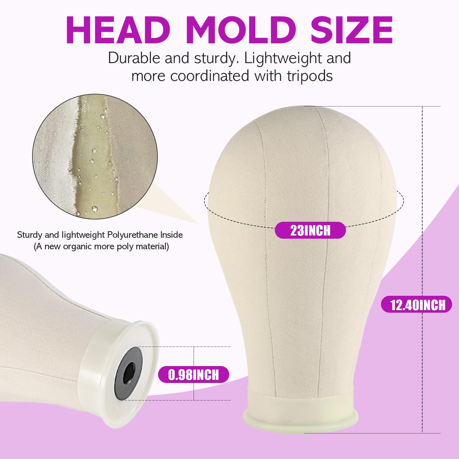 Canvas mannequin block head with professional styling accessories including T-pins and bristle brush