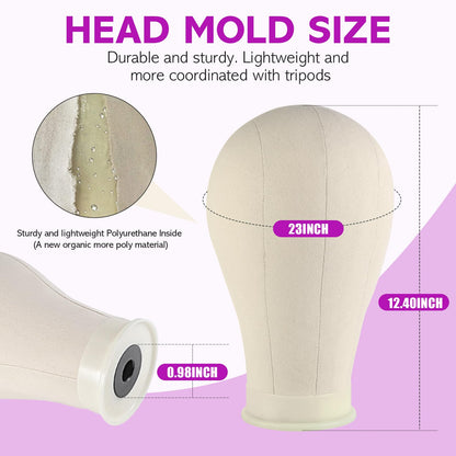 Canvas mannequin block head with professional styling accessories including T-pins and bristle brush