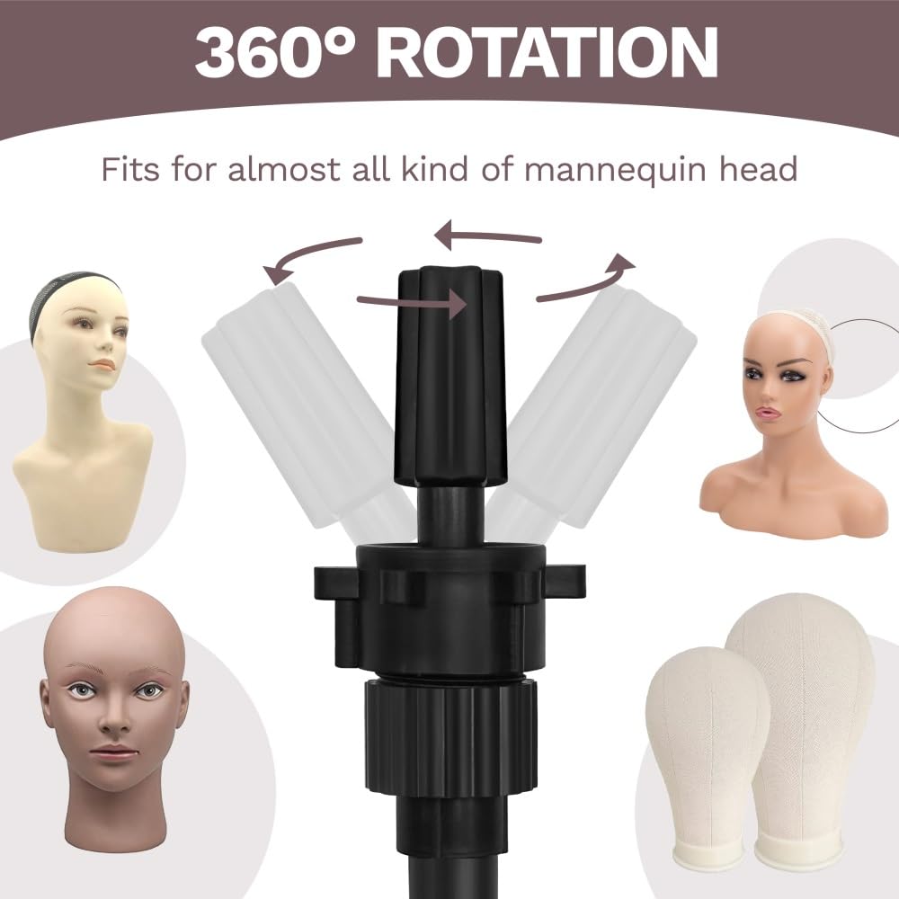 Cosmetology wig stand tripod with multi-functional tool tray attached holding accessories