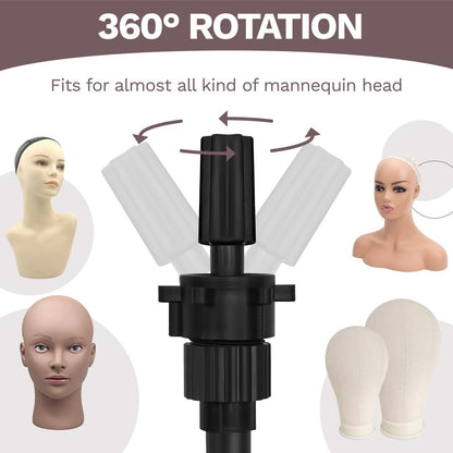 Cosmetology wig stand tripod with multi-functional tool tray attached holding accessories